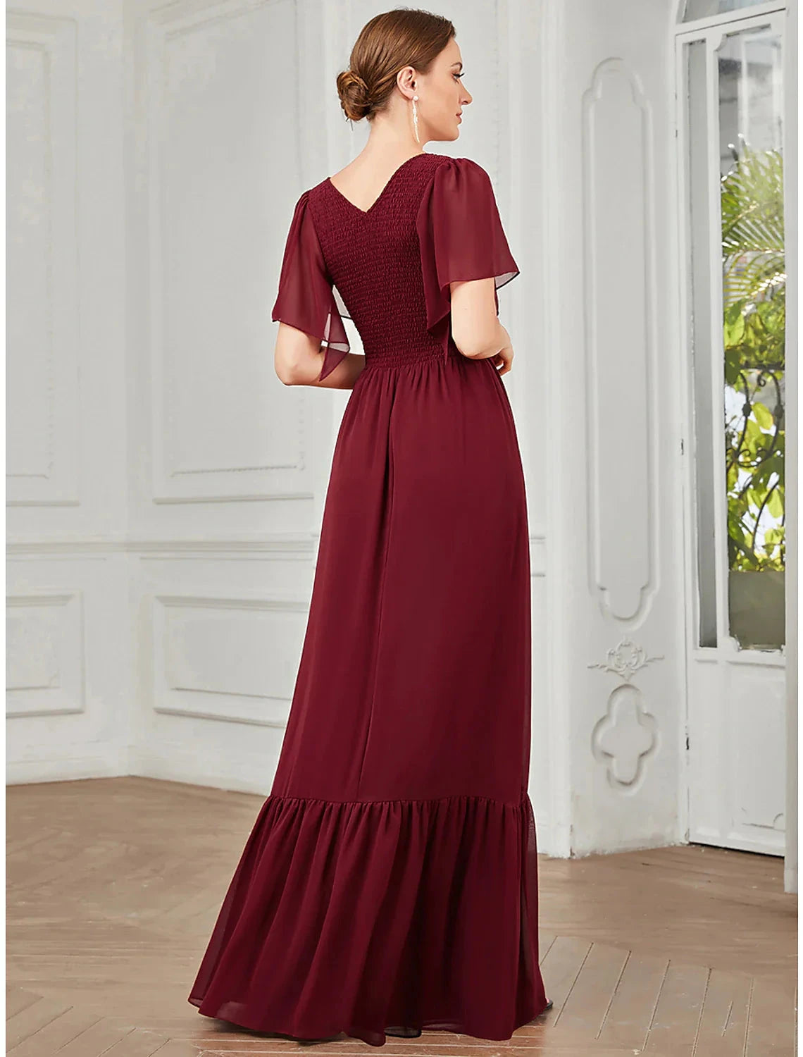 A-Line Prom Dresses Elegant Dress Party Wear Wedding Guest Floor Length Short Sleeve V Neck Chiffon with Pleats by YiHuiw