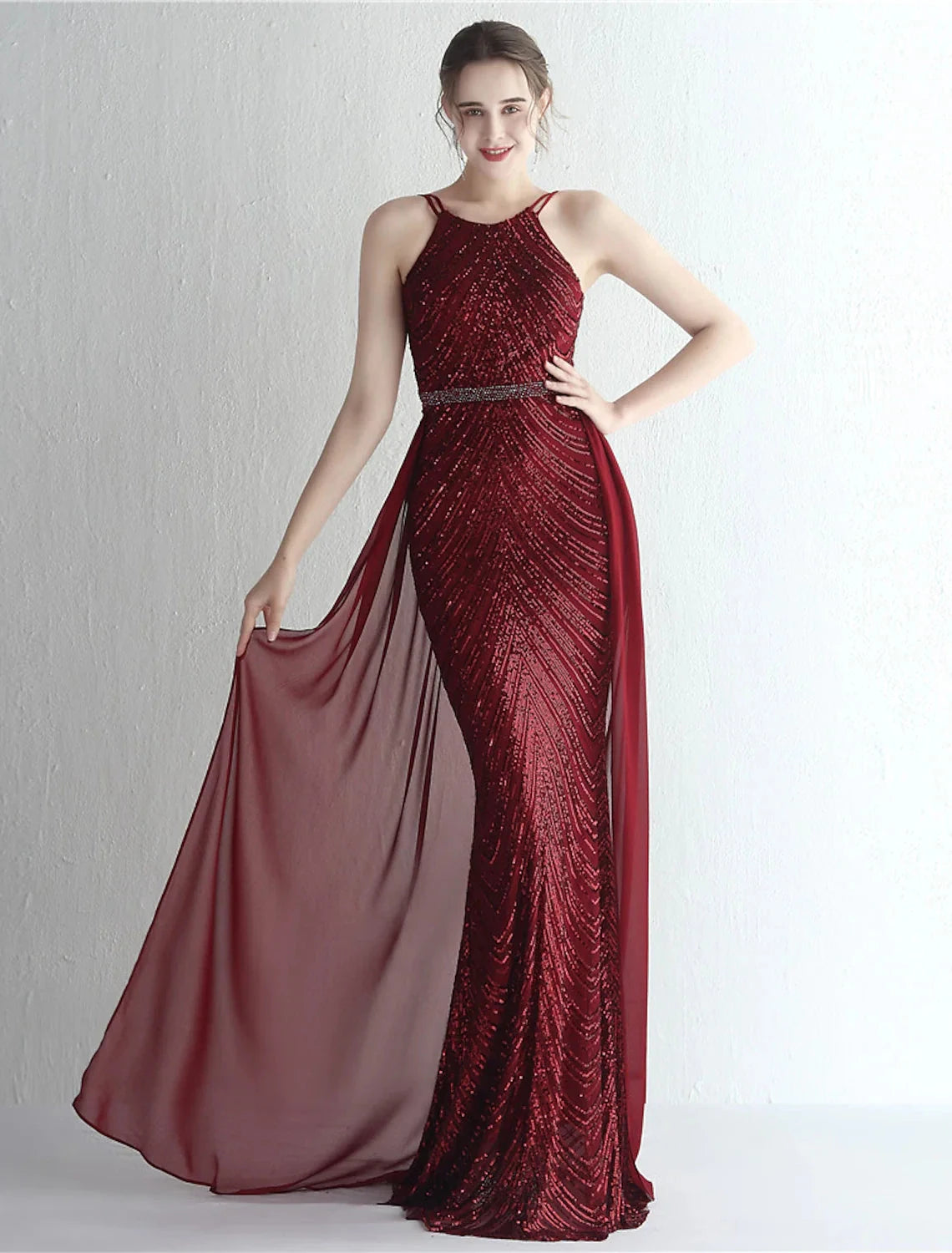 Mermaid / Trumpet Prom Dresses Sparkle & Shine Dress Formal Wedding Guest Floor Length Sleeveless Halter Neck Chiffon with Beading Sequin by YiHuiw
