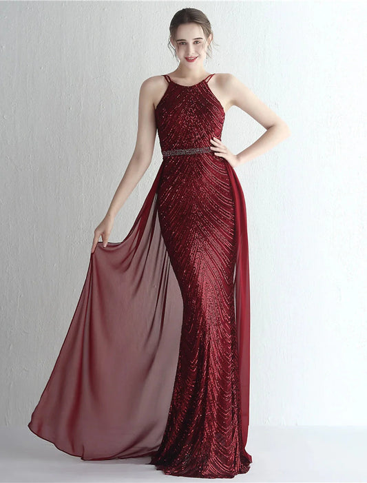 Mermaid / Trumpet Prom Dresses Sparkle & Shine Dress Formal Wedding Guest Floor Length Sleeveless Halter Neck Chiffon with Beading Sequin by YiHuiw