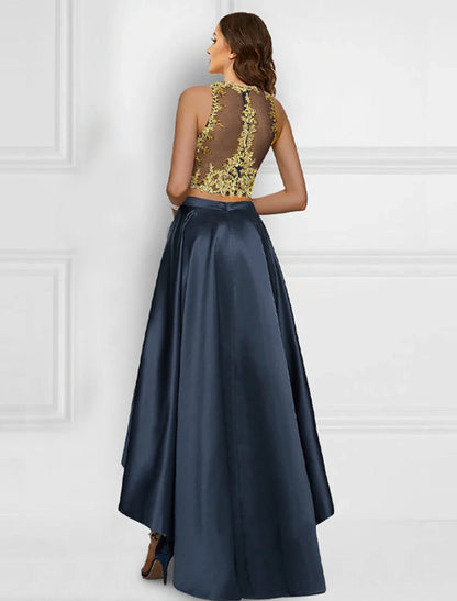 Two Piece Cocktail Dresses Sparkle & Shine Dress Wedding Guest Prom Asymmetrical Sleeveless Jewel Neck Charmeuse with Appliques by YiHuiw