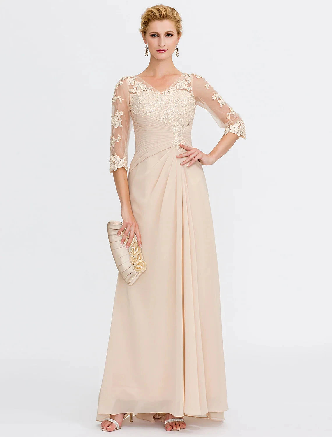 A-Line Mother of the Bride Dress Fall Wedding Guest Dresses Plus Size Elegant See Through V Neck Floor Length Chiffon Half Sleeve with Appliques Side Draping by YiHuiw