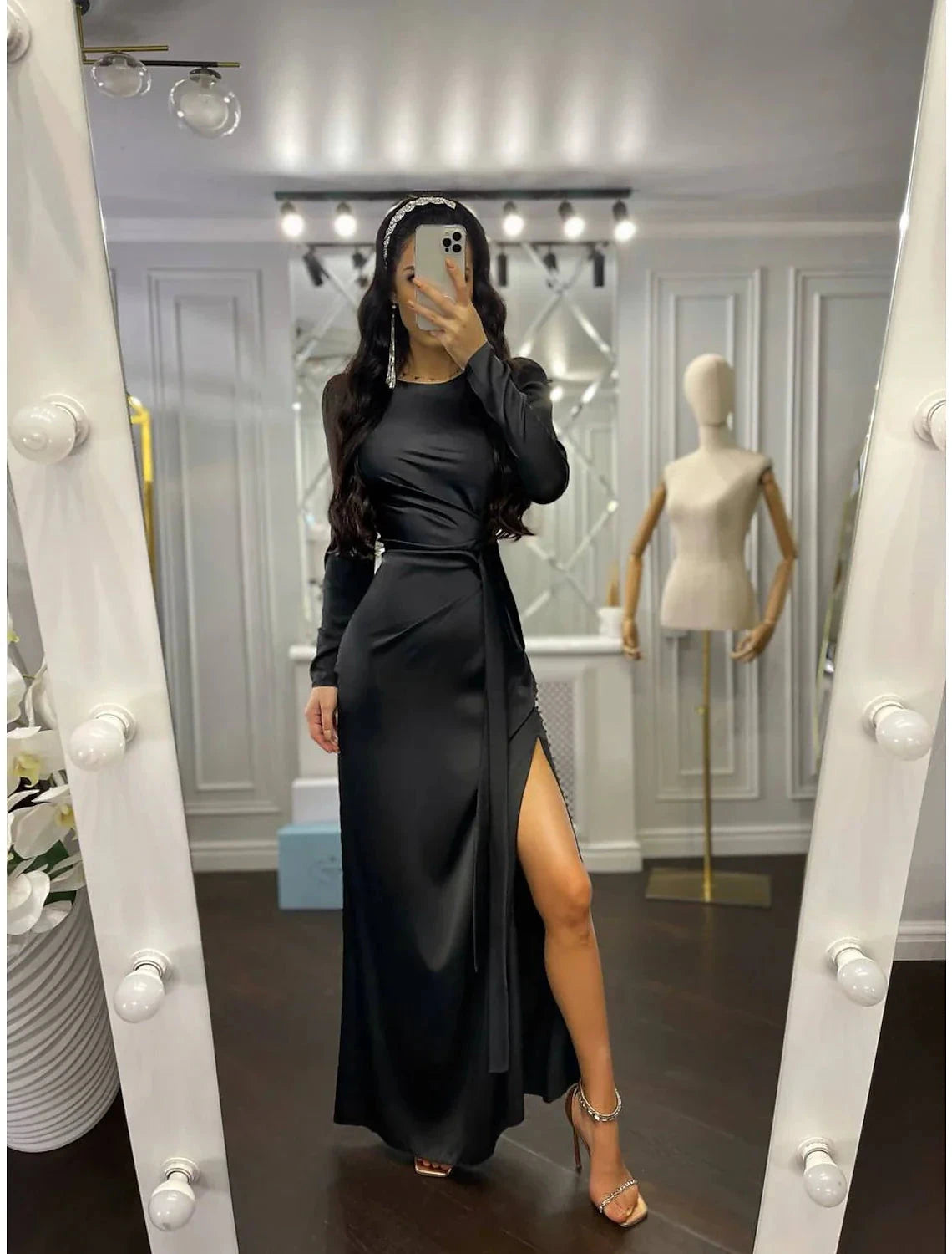 Sheath Party Dress Evening Gown Elegant Dress Wedding Guest Fall Floor Length Long Sleeve High Neck Bridesmaid Dress Satin with Ruched by YiHuiw