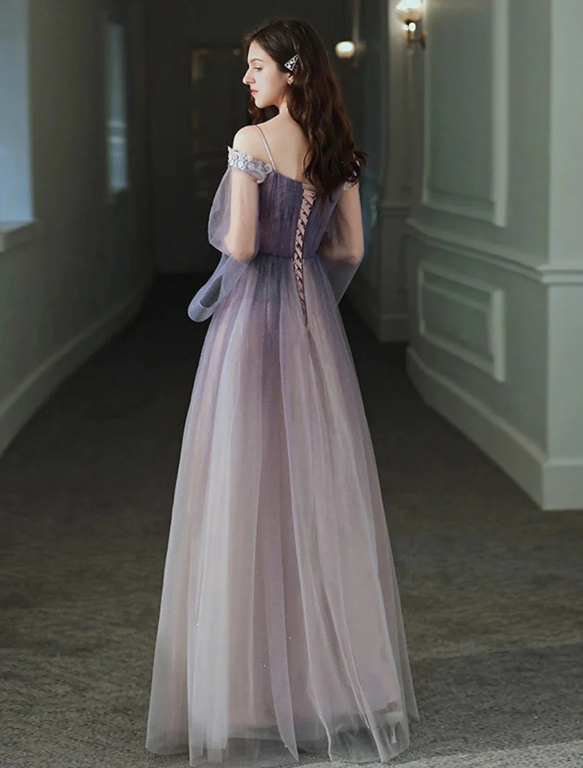 A-Line Minimalist Elegant Party Wear Prom Dress Off Shoulder Long Sleeve Floor Length Tulle with Appliques by YiHuiw
