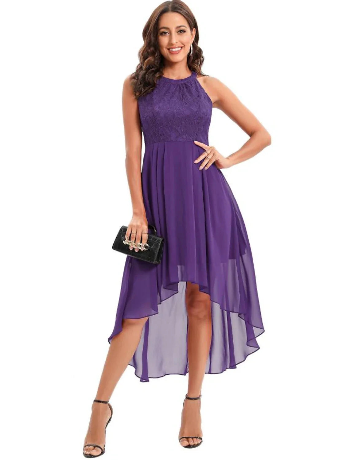 A-Line Minimalist Elegant Party Wear Cocktail Party Dress Halter Neck Sleeveless Asymmetrical Nylon with Pleats by YiHuiw