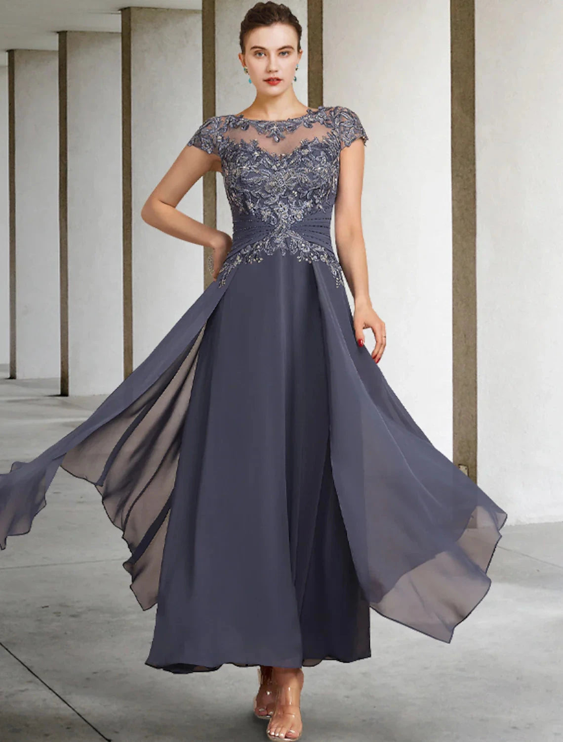 Two Piece A-Line Plus Size Curve Mother of the Bride Dress Wedding Guest Elegant Jewel Neck Ankle Length Chiffon Lace Short Sleeve Fall Wrap Included with Ruched Appliques by YiHuiw