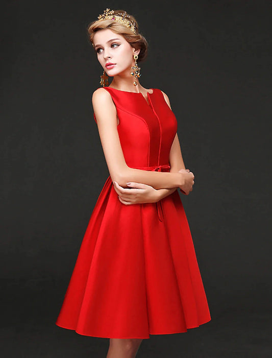 A-Line Cocktail Dresses Minimalist Dress Homecoming Graduation Short / Mini Sleeveless Jewel Neck Satin with Sash / Ribbon Bow(s) by YiHuiw