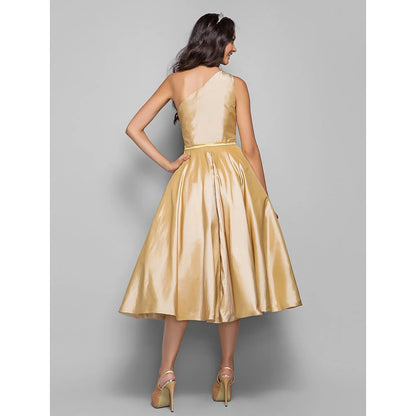 A-Line Minimalist Elegant Cocktail Party Wedding Party Dress One Shoulder Sleeveless Tea Length Taffeta with Sash / Ribbon by YiHuiw