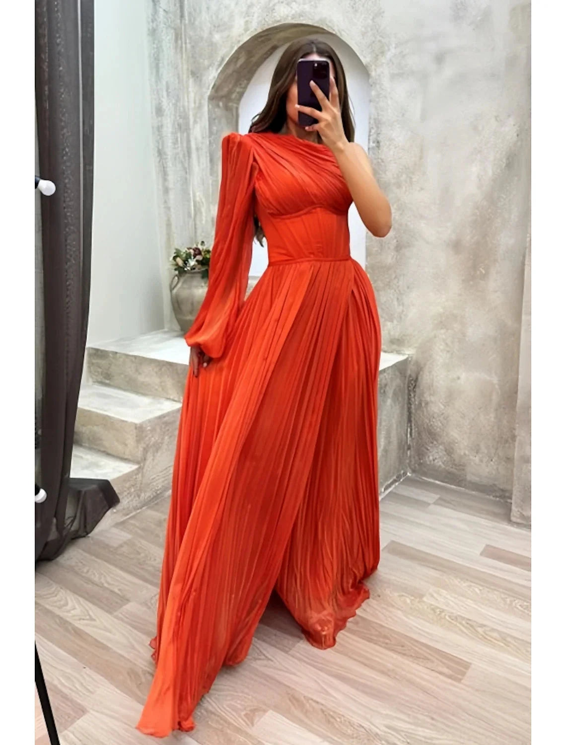 A-Line Evening Gown High Split Dress Formal Fall Sweep / Brush Train Long Sleeve One Shoulder Chiffon with Pleats Slit by YiHuiw