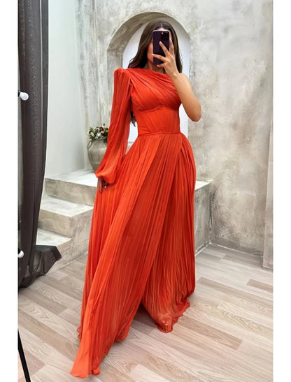 A-Line Evening Gown High Split Dress Formal Fall Sweep / Brush Train Long Sleeve One Shoulder Chiffon with Pleats Slit by YiHuiw