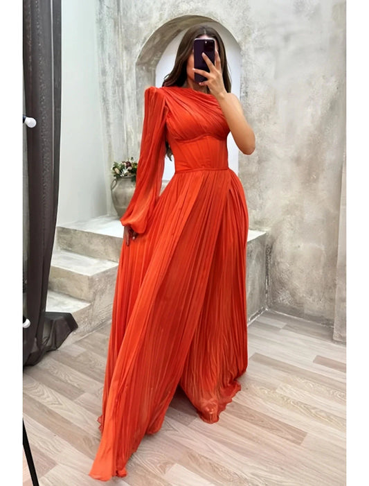 A-Line Evening Gown High Split Dress Formal Fall Sweep / Brush Train Long Sleeve One Shoulder Chiffon with Pleats Slit by YiHuiw