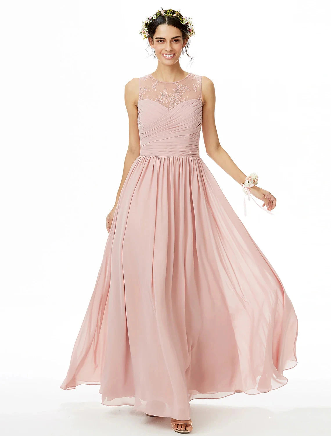 A-Line Bridesmaid Dress Jewel Neck Sleeveless See Through Floor Length Chiffon / Lace with Lace / Criss Cross / Pleats by YiHuiw