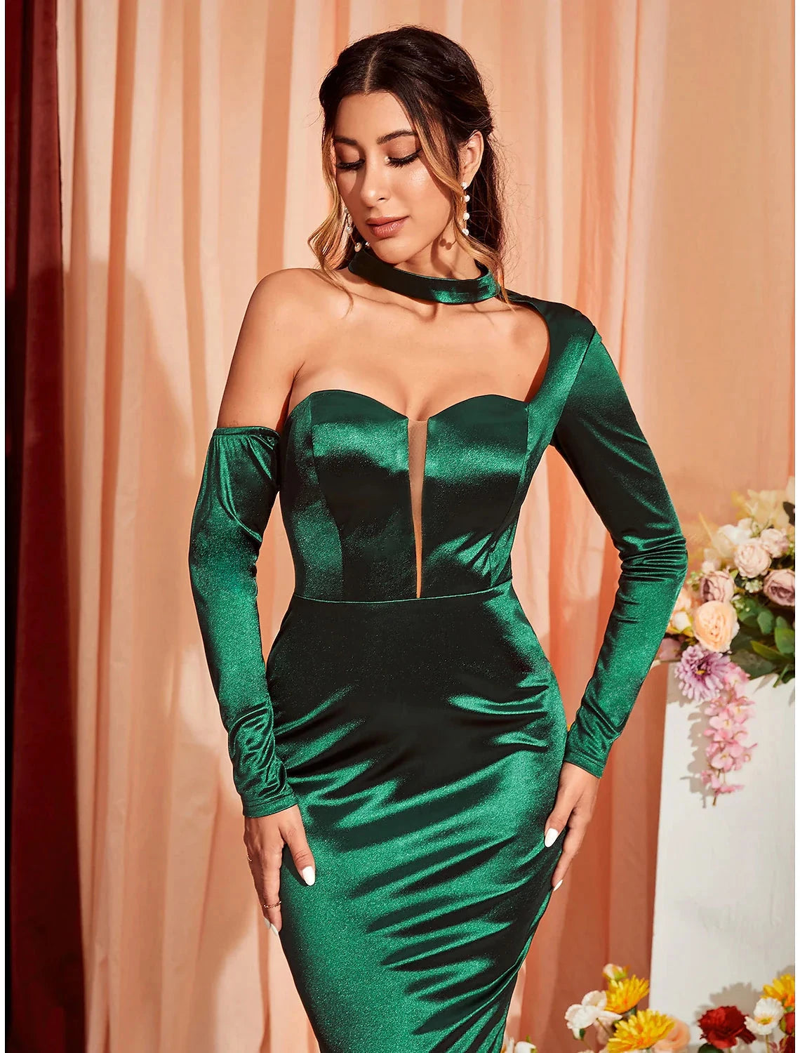 Mermaid / Trumpet Party Dresses Sexy Dress Wedding Party Semi Formal Tea Length Long Sleeve One Shoulder Satin with Ruched Slit by YiHuiw