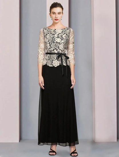 A-Line Mother of the Bride Dress Formal Wedding Guest Elegant Scoop Neck Floor Length Chiffon Lace 3/4 Length Sleeve with Bow(s) Color Block by YiHuiw