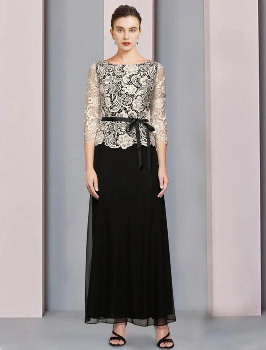 A-Line Mother of the Bride Dress Formal Wedding Guest Elegant Scoop Neck Floor Length Chiffon Lace 3/4 Length Sleeve with Bow(s) Color Block by YiHuiw