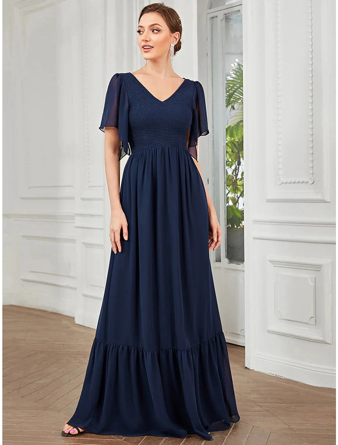 A-Line Prom Dresses Elegant Dress Party Wear Floor Length Short Sleeve V Neck Chiffon with Pleats by YiHuiw