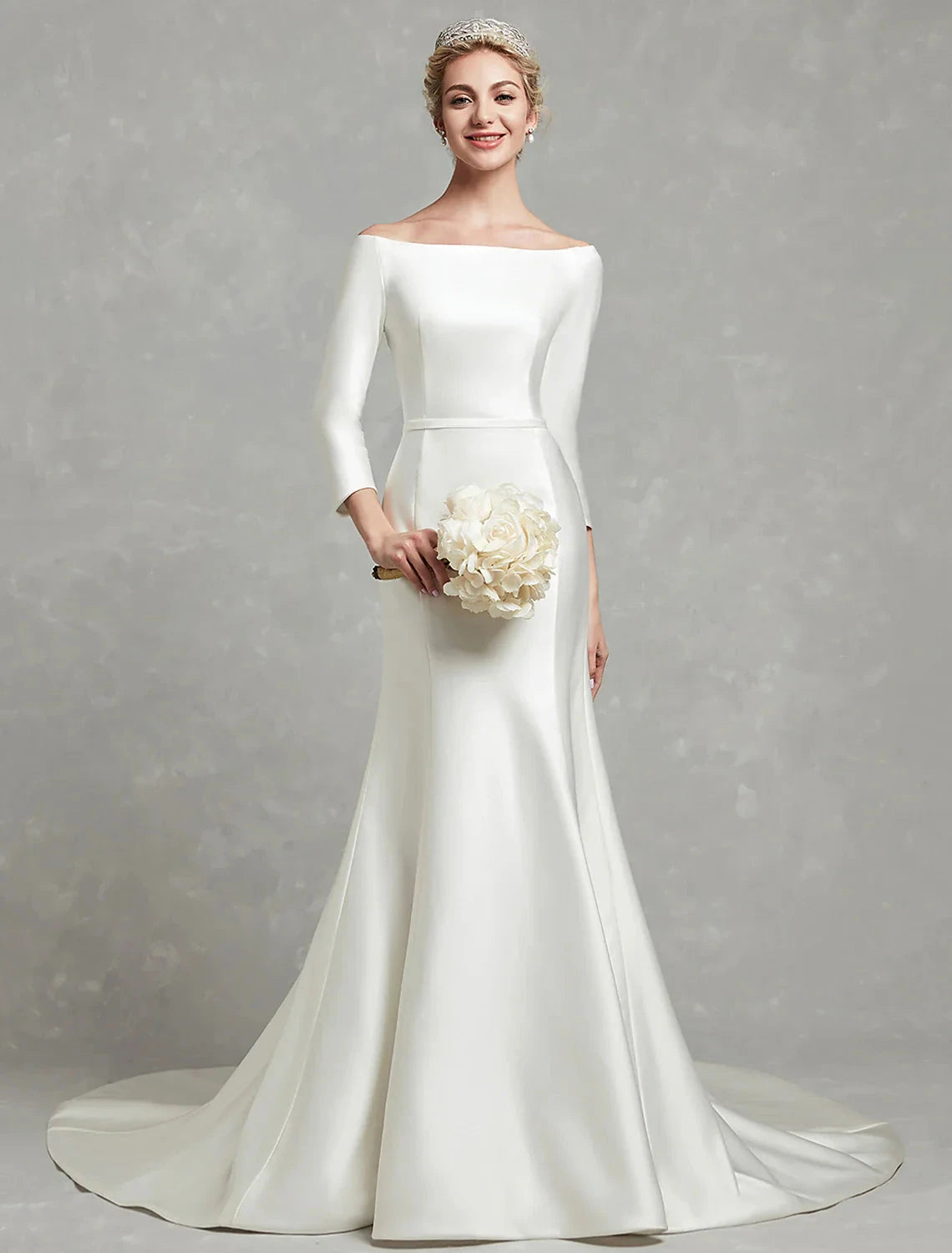 Casual Fall Wedding Dresses Mermaid / Trumpet Off Shoulder 3/4 Length Sleeve Chapel Train Satin Bridal Gowns With Pleats Summer Wedding Party Women's Clothing by YiHuiw