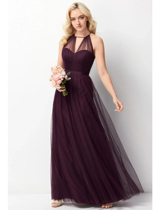 A-Line Bridesmaid Dress Halter Neck Sleeveless Elegant Floor Length Chiffon / Tulle with by YiHuiw