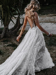 Beach Sexy Boho Wedding Dresses A-Line Sweetheart Camisole Spaghetti Strap Court Train Lace Outdoor Bridal Gowns With Appliques Split Front  Summer Wedding Party, Women‘s Clothing