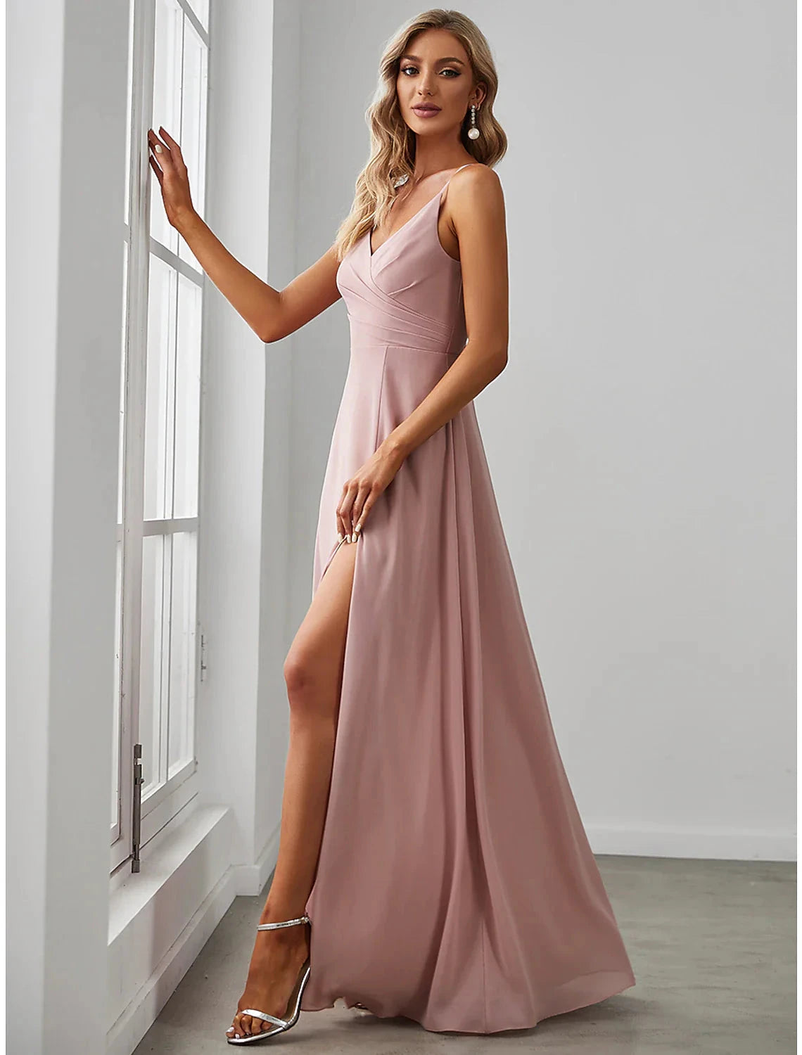 A-Line Bridesmaid Dress V Neck Sleeveless Elegant Floor Length Chiffon with Draping / Solid Color by YiHuiw