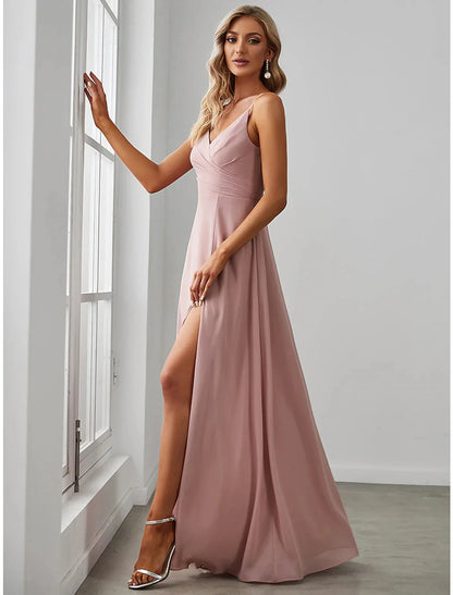 A-Line Bridesmaid Dress V Neck Sleeveless Elegant Floor Length Chiffon with Draping / Solid Color by YiHuiw