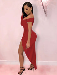 Hot Sexy Holiday Party Wear Club Dress High Slit V Neck off Shoulder Long Sleeve Bodycon Asymmetrical Spandex with Sleek