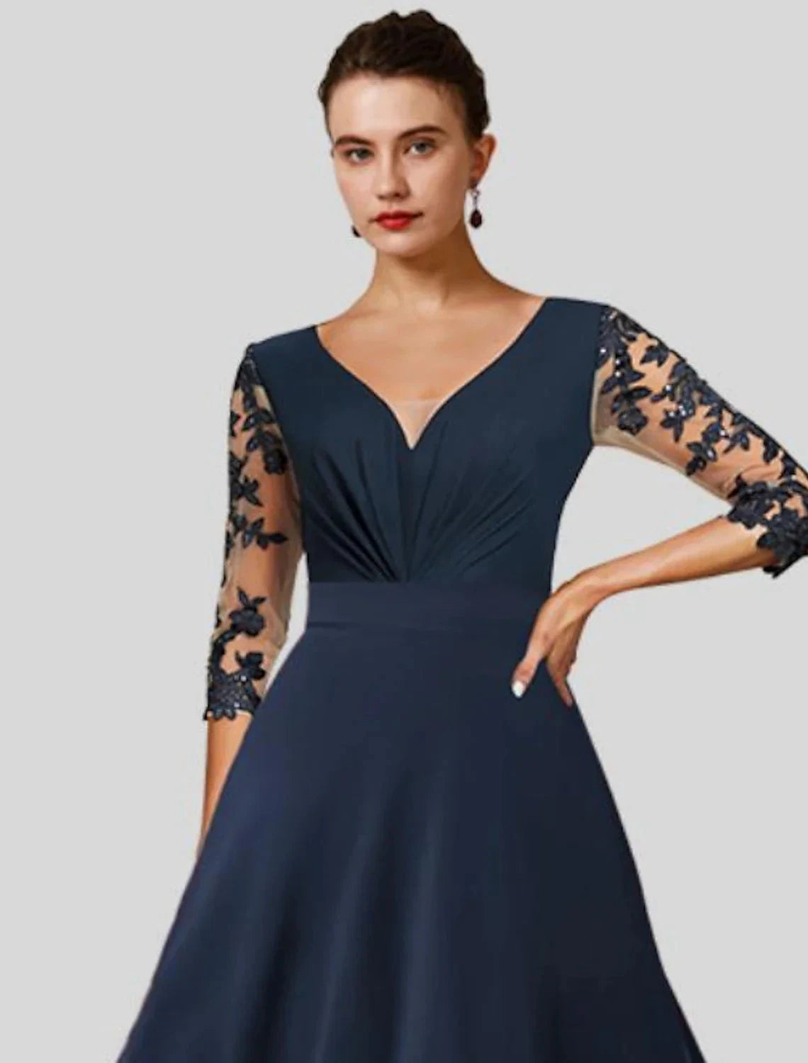 A-Line Mother of the Bride Dress Wedding Guest Elegant High Low V Neck Asymmetrical Tea Length Chiffon Lace 3/4 Length Sleeve with Appliques by YiHuiw