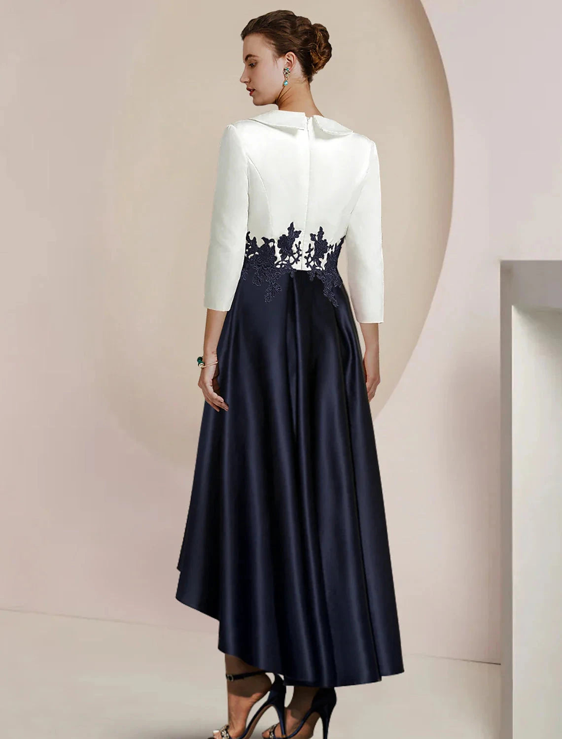 A-Line Mother of the Bride Dress Formal Wedding Guest Elegant High Low Shirt Collar Asymmetrical Tea Length Satin Lace 3/4 Length Sleeve with Appliques Color Block by YiHuiw