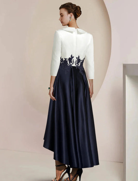 A-Line Mother of the Bride Dress Formal Wedding Guest Elegant High Low Shirt Collar Asymmetrical Tea Length Satin Lace 3/4 Length Sleeve with Appliques Color Block by YiHuiw