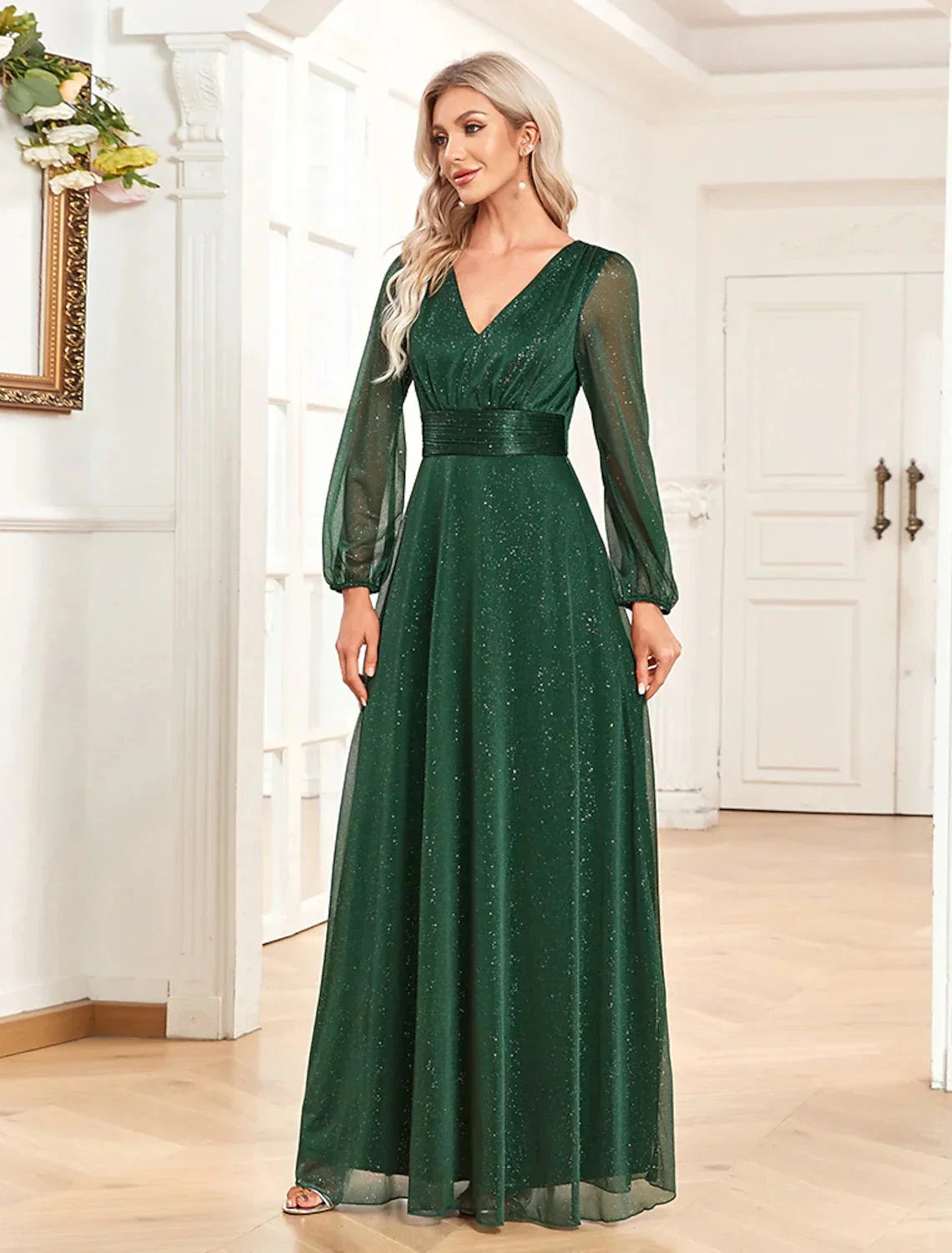 A-Line Evening Gown Elegant Dress Formal Floor Length Long Sleeve V Neck Chiffon with Sequin by YiHuiw