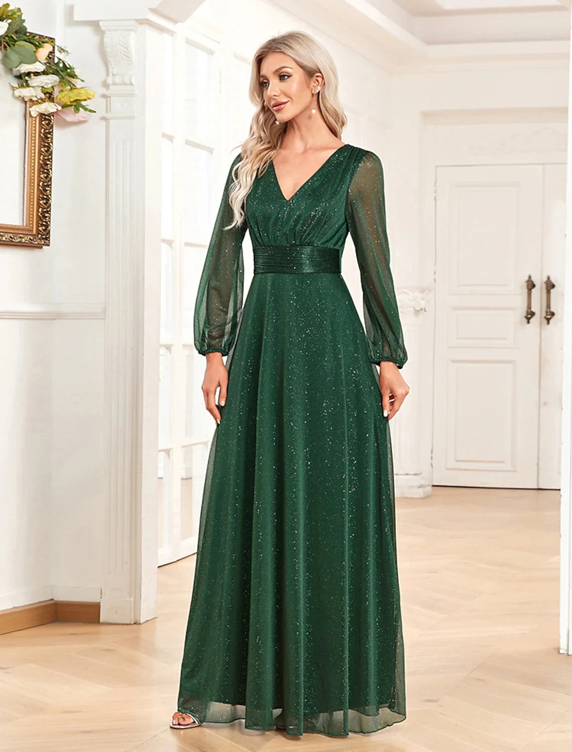A-Line Evening Gown Sparkle & Shine Dress Formal Wedding Party Dress Floor Length Long Sleeve V Neck Chiffon with Sequin by YiHuiw