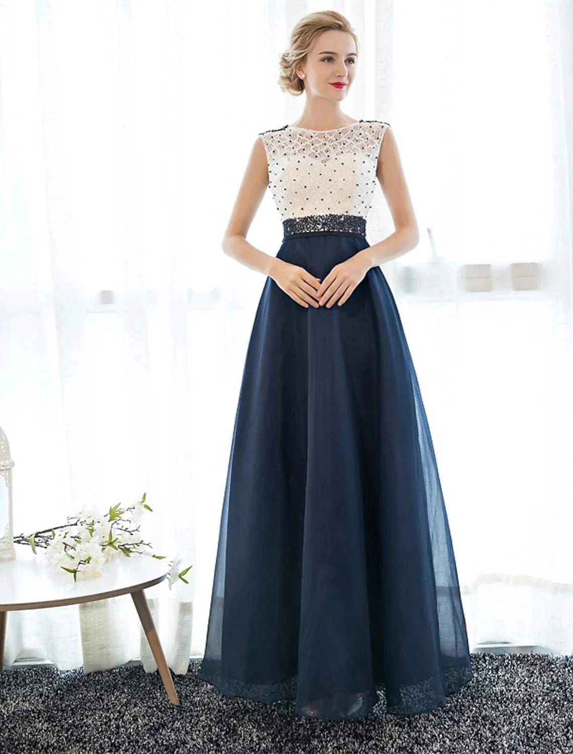 A-Line Beautiful Back Elegant Beaded & Sequin Prom Formal Evening Dress Illusion Neck Sleeveless Floor Length Tulle Over Lace with Beading by YiHuiw