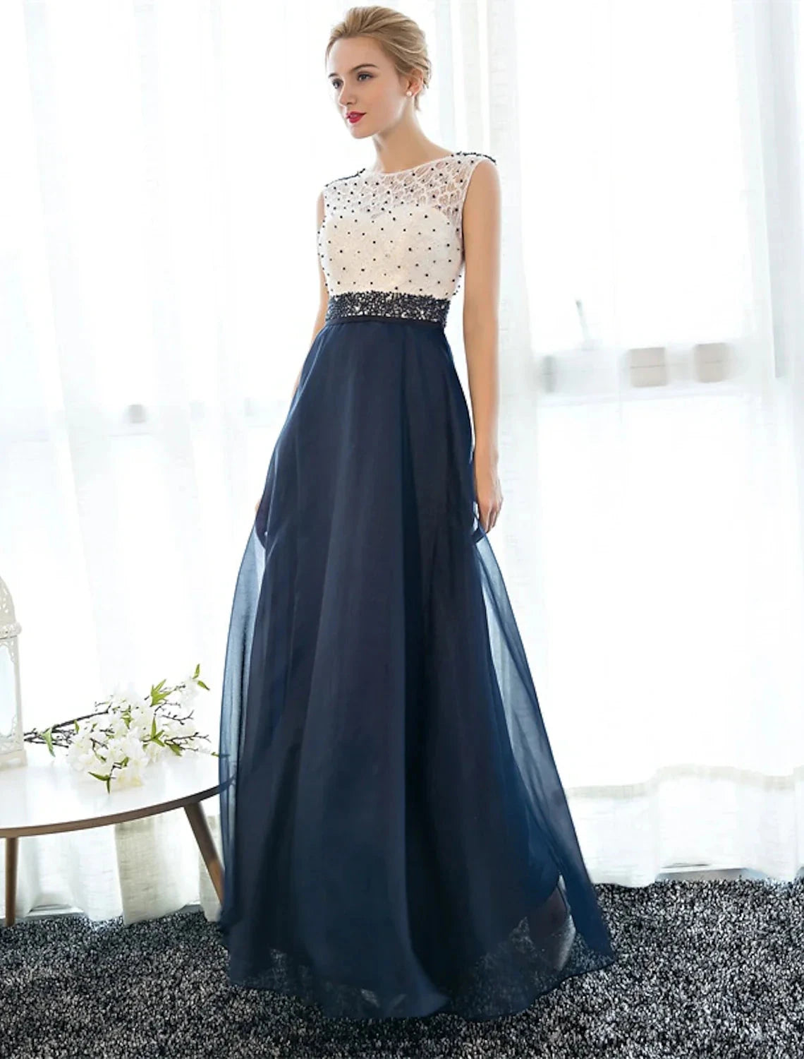 A-Line Beautiful Back Elegant Beaded & Sequin Prom Formal Evening Dress Illusion Neck Sleeveless Floor Length Tulle Over Lace with Beading by YiHuiw