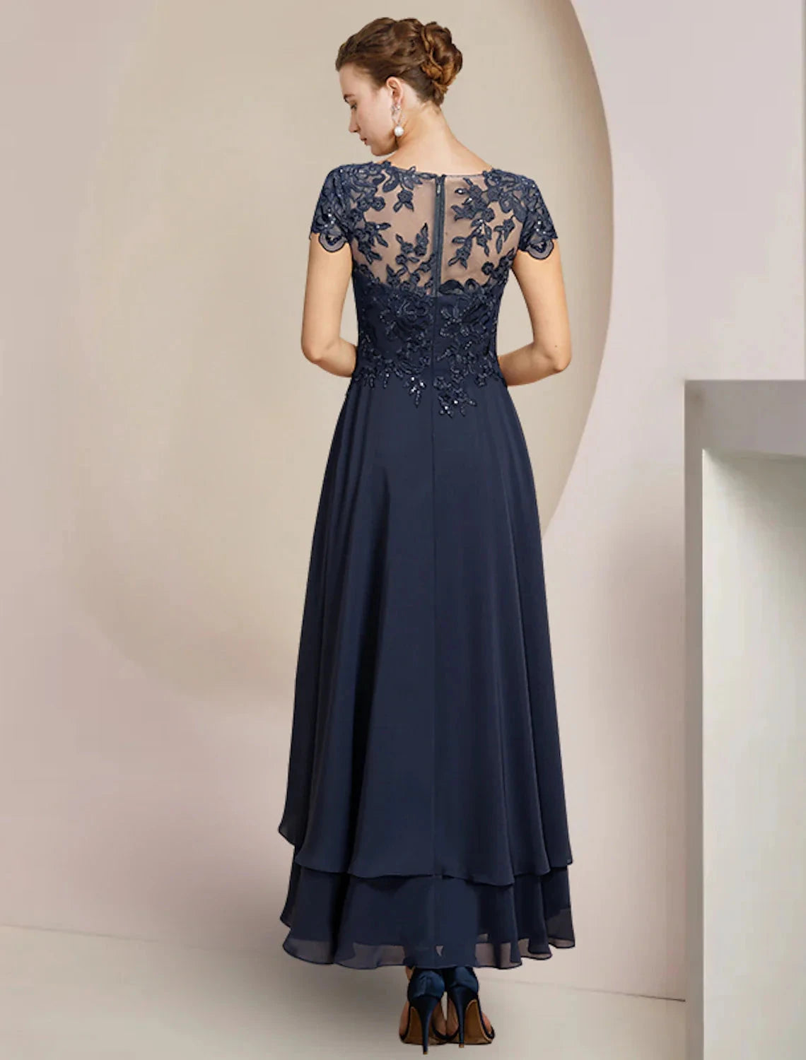 A-Line Mother of the Bride Dress Formal Wedding Guest Elegant High Low Scoop Neck Asymmetrical Tea Length Chiffon Lace Short Sleeve with Sequin Appliques by YiHuiw