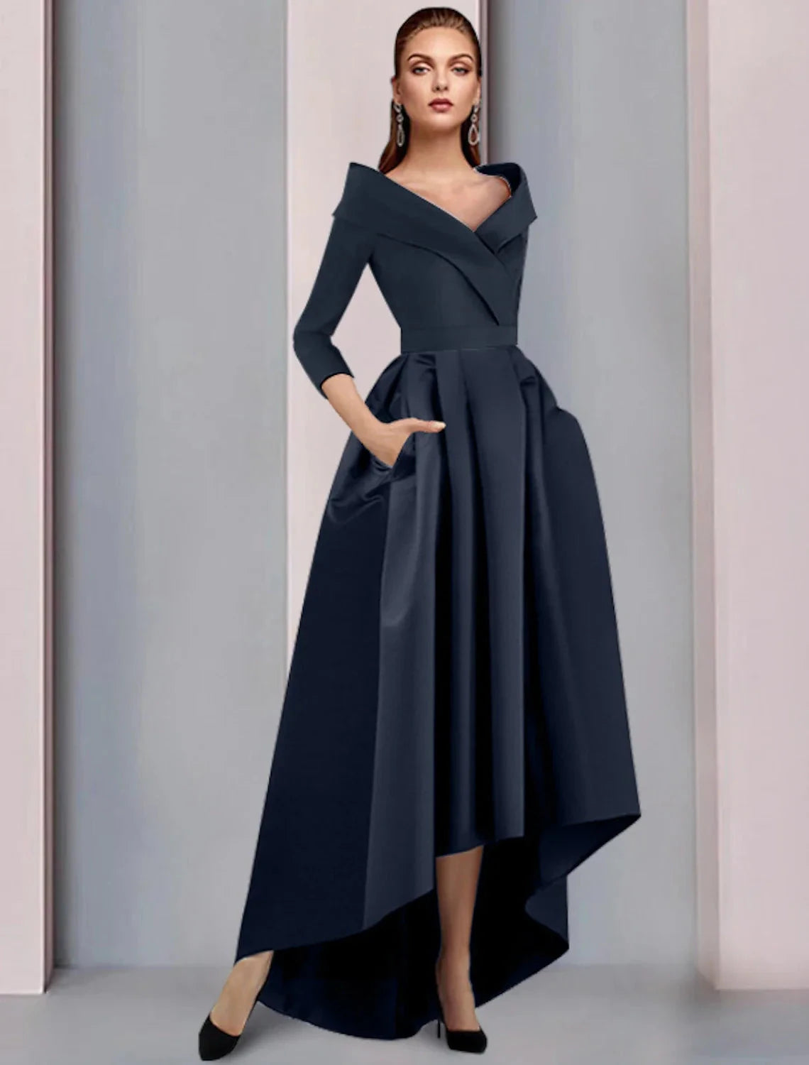 A-Line Mother of the Bride Dress Wedding Guest Elegant High Low Sweet Spaghetti Strap Asymmetrical Tea Length Satin 3/4 Length Sleeve with Pleats Fall by YiHuiw