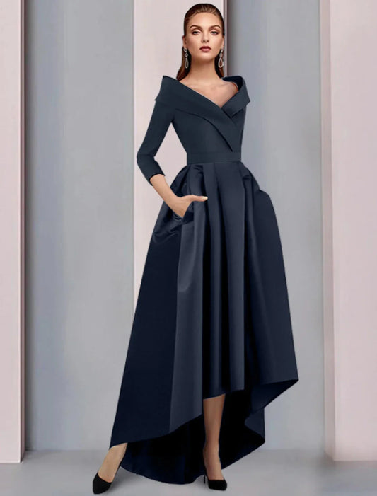 A-Line Mother of the Bride Dress Wedding Guest Elegant High Low Sweet Spaghetti Strap Asymmetrical Tea Length Satin 3/4 Length Sleeve with Pleats Fall by YiHuiw