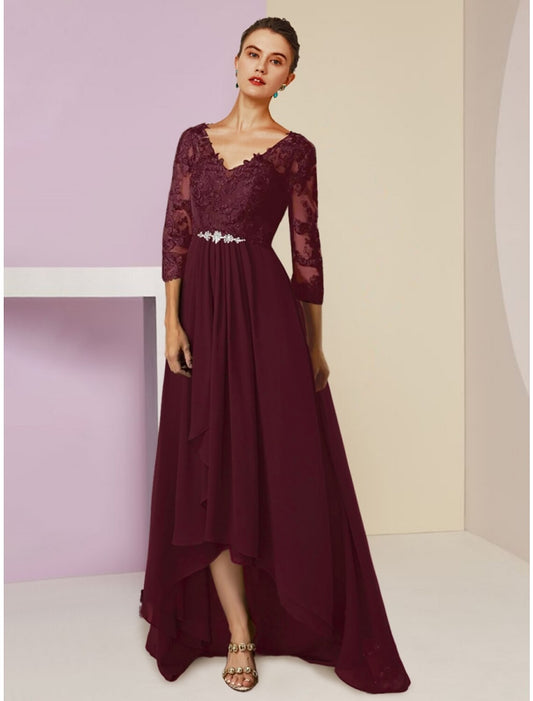 A-Line Mother of the Bride Dress Wedding Guest Vintage Elegant V Neck Asymmetrical Chiffon 3/4 Length Sleeve with Crystal Brooch Ruching by YiHuiw