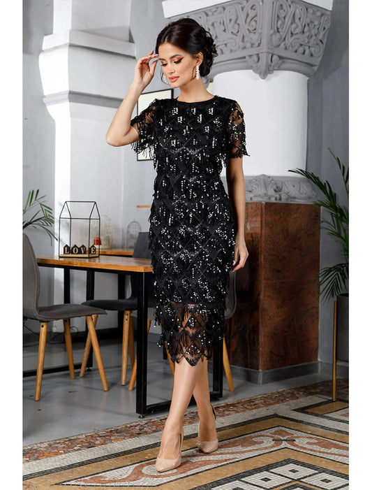 Sheath / Column Party Black Dress Vintage Dress Halloween Wedding Guest Tea Length Short Sleeve Jewel Neck Nylon with Fringe Tassel Embroidery by YiHuiw