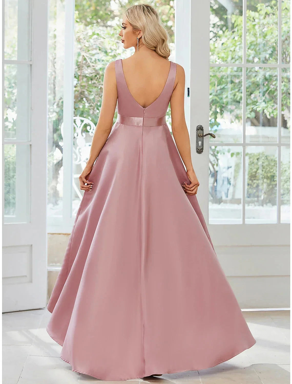 A-Line Wedding Guest Dresses Casual Dress Party Wear Asymmetrical Sleeveless V Neck Satin with Ruffles Pure Color by YiHuiw