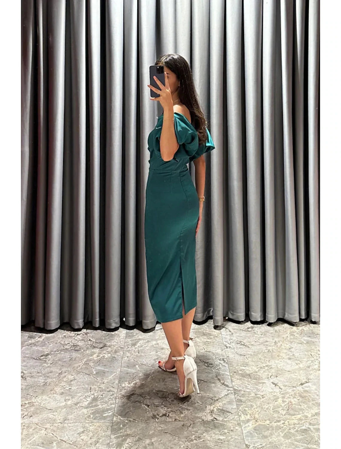 Sheath / Column Cocktail Dresses Party Dress Formal Fall Tea Length Short Sleeve Off Shoulder Satin with Ruched Slit by YiHuiw