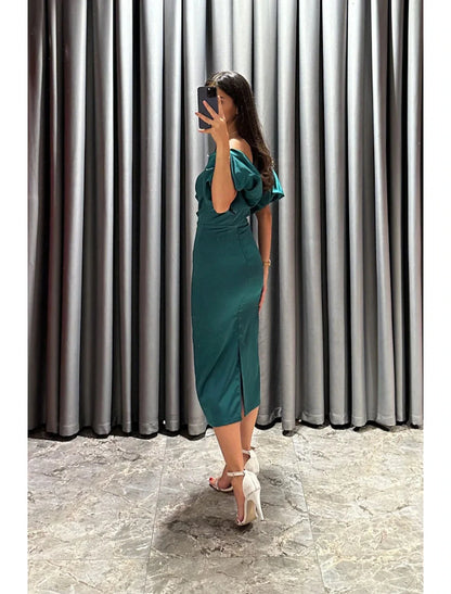 Sheath / Column Cocktail Dresses Party Dress Formal Fall Tea Length Short Sleeve Off Shoulder Satin with Ruched Slit by YiHuiw