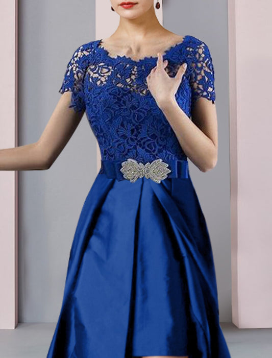 Two Piece Sheath / Column Mother of the Bride Dress Formal Church Elegant detachable Scoop Neck Knee Length Lace Taffeta Short Sleeve with Bow(s) Crystal Brooch by YiHuiw