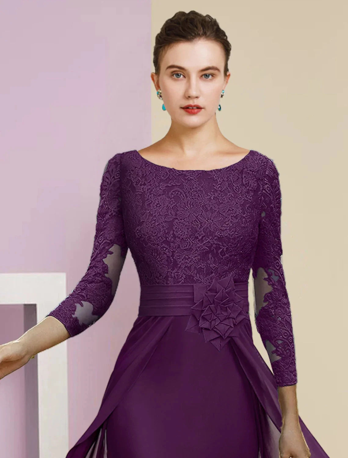 Sheath / Column Mother of the Bride Dress Formal Elegant Scoop Neck Floor Length Chiffon Lace 3/4 Length Sleeve with Appliques Flower by YiHuiw