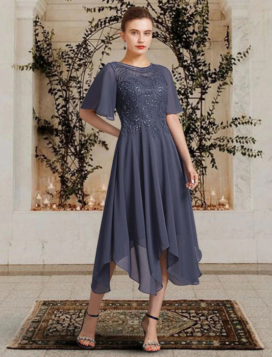 A-Line Mother of the Bride Dress Elegant High Low Jewel Neck Asymmetrical Tea Length Chiffon Lace Short Sleeve with Appliques by YiHuiw