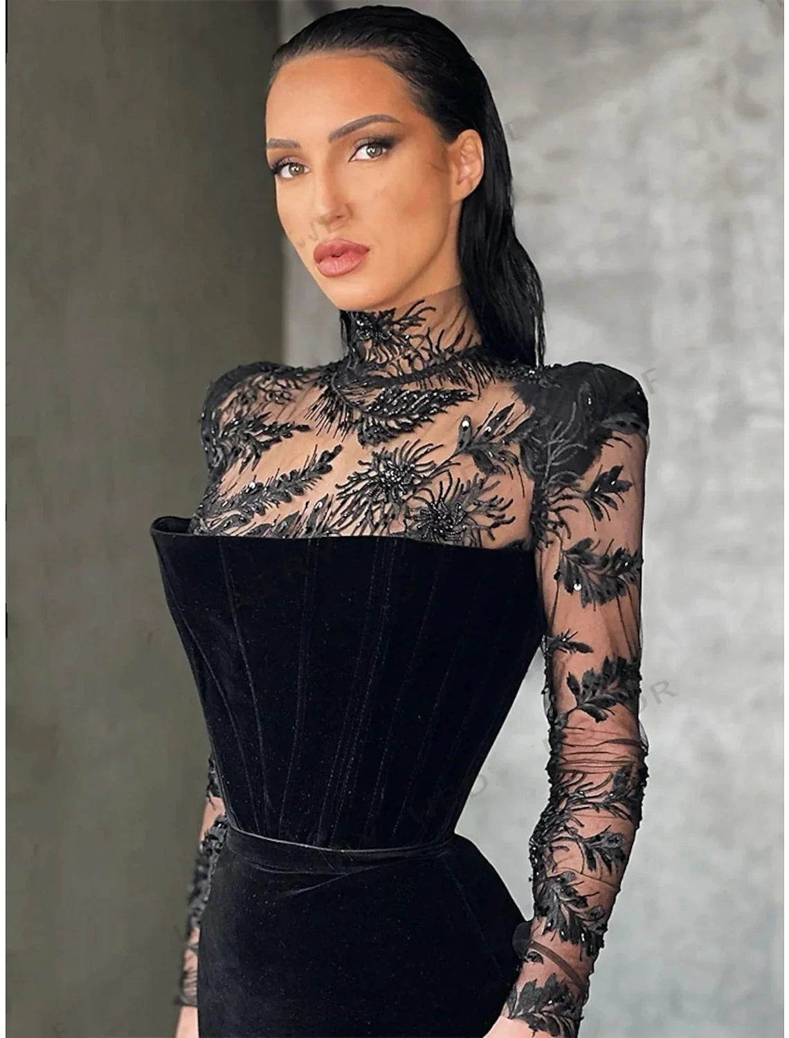 Sheath / Column Evening Gown Elegant Dress Formal Floor Length Long Sleeve High Neck Lace with Slit by YiHuiw