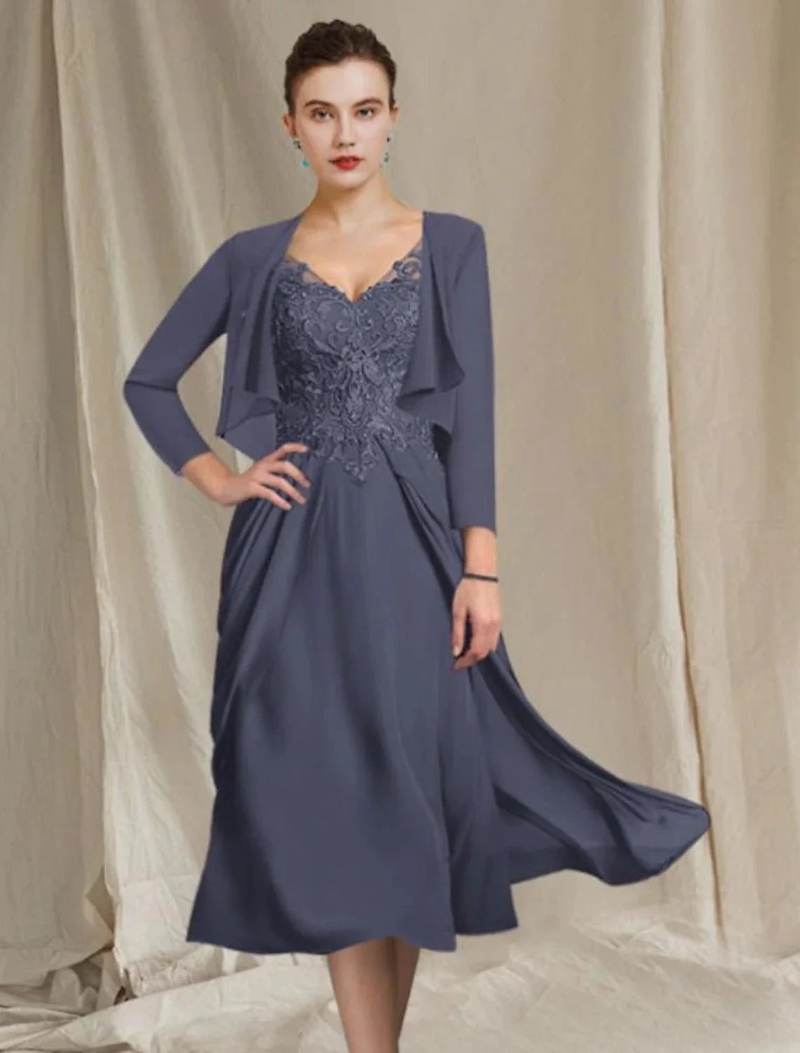 A-Line Mother of the Bride Dress Plus Size Elegant V Neck Tea Length Chiffon Lace Short Sleeve Wrap Included with Appliques by YiHuiw