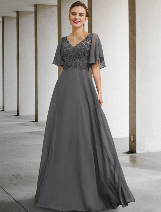 A-Line Mother of the Bride Dress Luxurious Elegant V Neck Floor Length Chiffon Lace Short Sleeve with Beading Appliques by YiHuiw