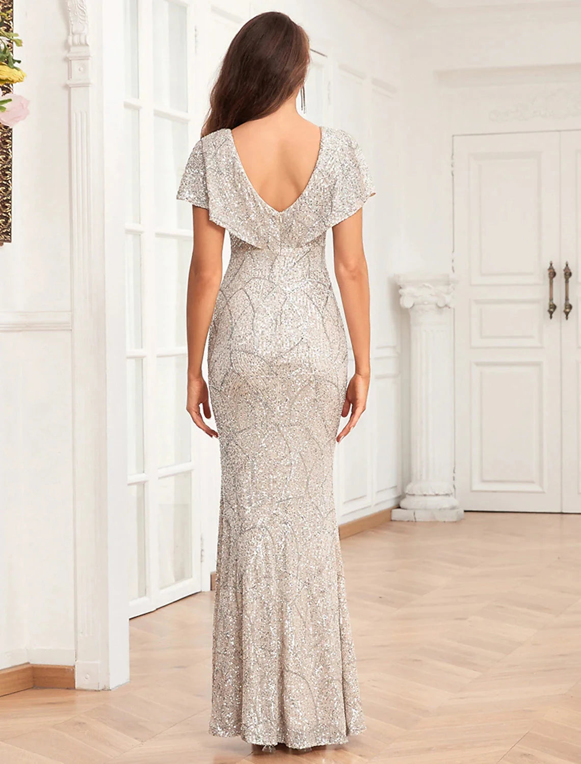 Mermaid / Trumpet Evening Gown Elegant Dress Evening Party Prom Floor Length Short Sleeve V Neck Fall Wedding Reception Sequined V Back with Sequin by YiHuiw