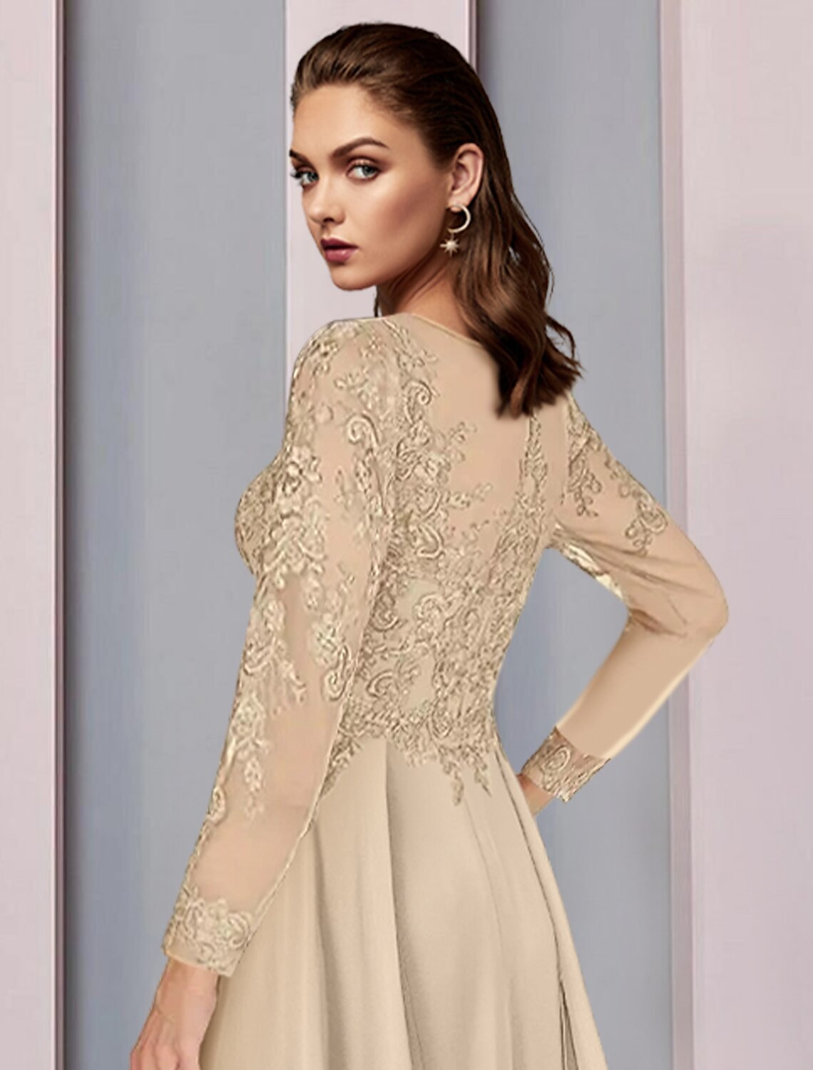 A-Line Mother of the Bride Dress Wedding Guest Party Elegant Scoop Neck Floor Length Chiffon Half Sleeve with Lace Ruching by YiHuiw
