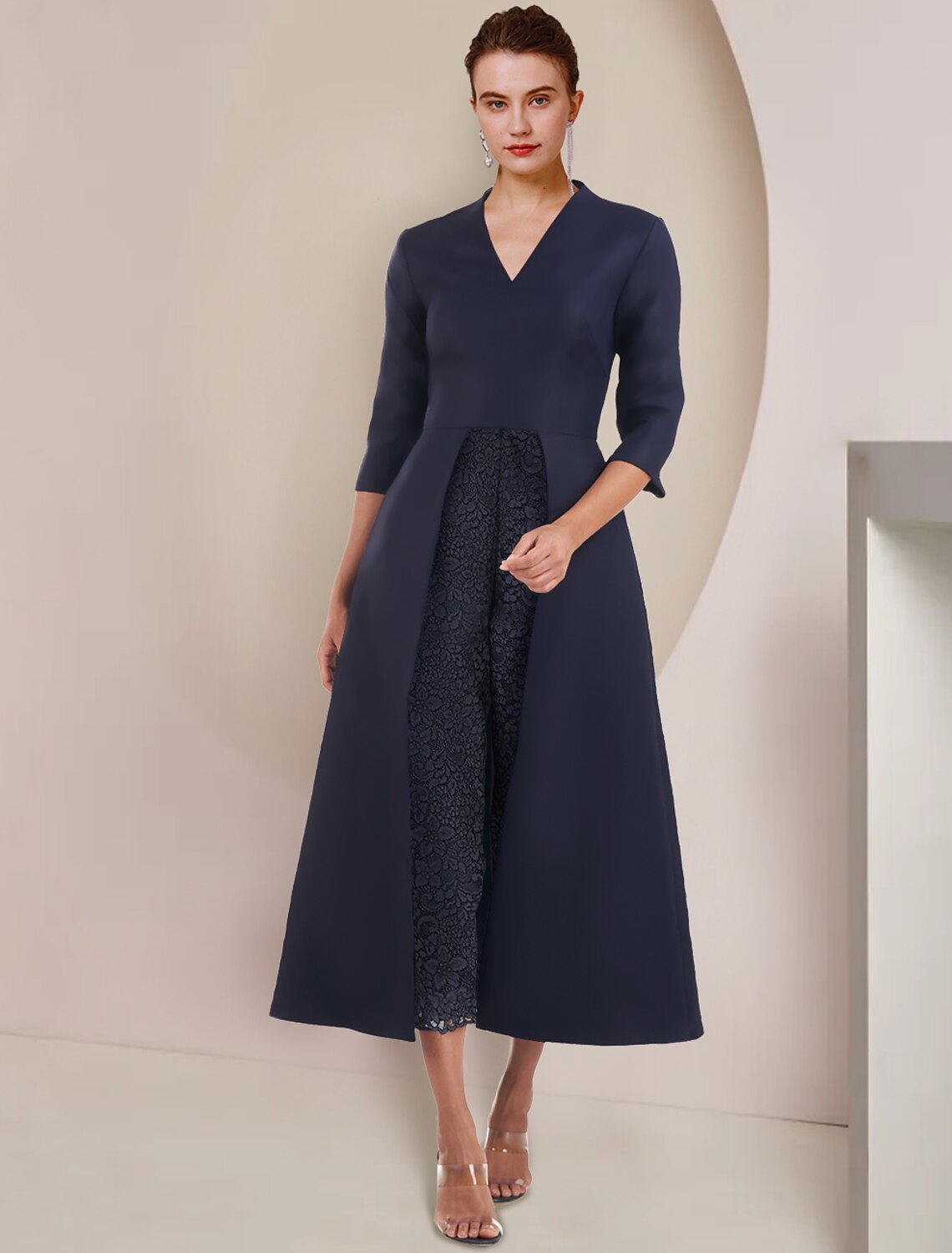 Jumpsuit / Pantsuit Mother of the Bride Dress Wedding Guest Party Elegant V Neck Tea Length Taffeta 3/4 Length Sleeve with Solid Color by YiHuiw