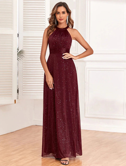 A-Line Evening Gown Empire Dress Evening Party Dress Wedding Reception Floor Length Sleeveless Halter Neck Polyester Backless V Back with Glitter by YiHuiw